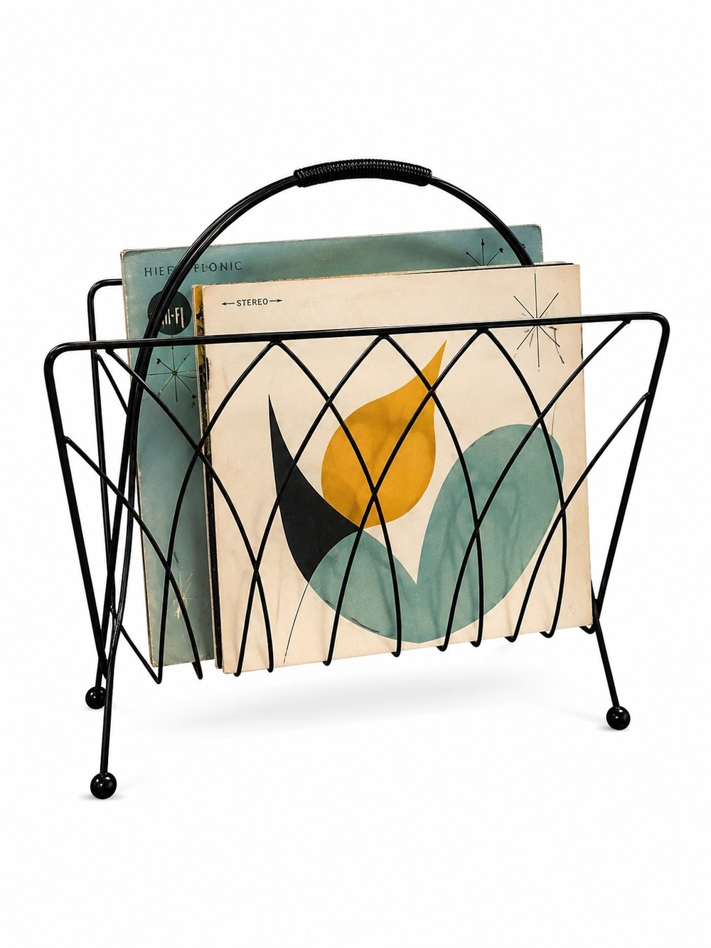 Vintage Mid-Century Modern Black Metal Wire Magazine Rack Vinyl Record Holder